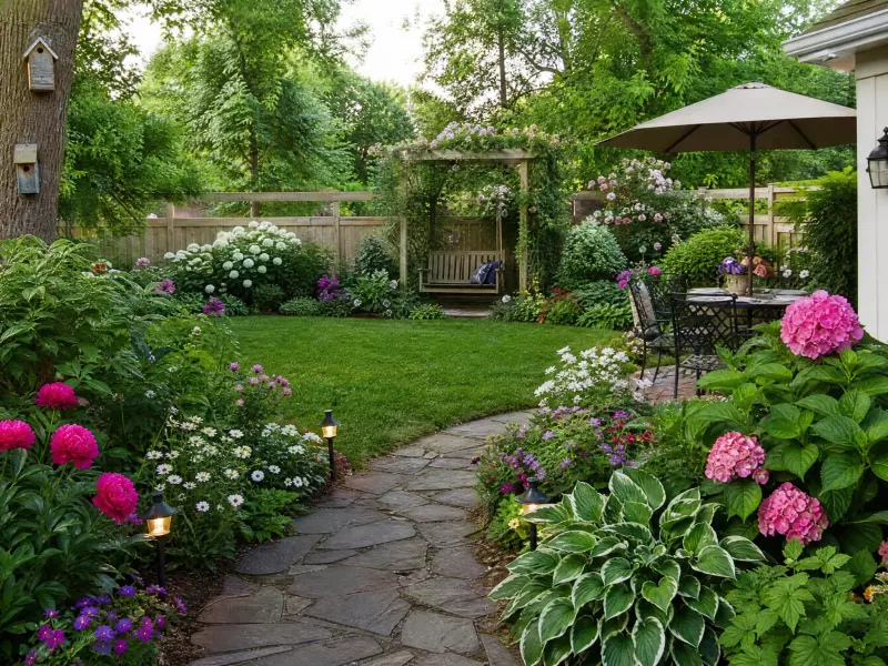 Backyard garden design with layered planting