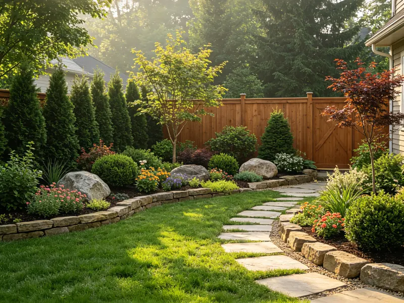 Backyard landscaping with planting and hardscape