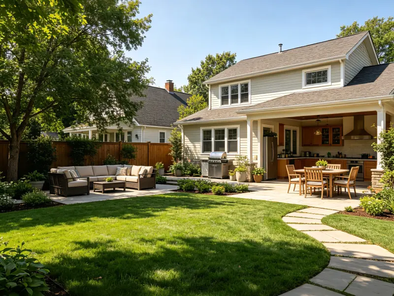Backyard layout with distinct outdoor living zones