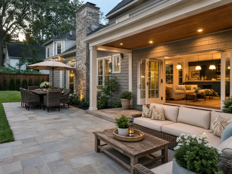 Backyard patio layout with dining and planting
