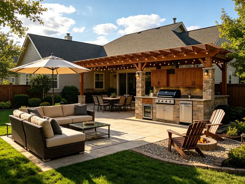 Outdoor living area in a landscaped backyard