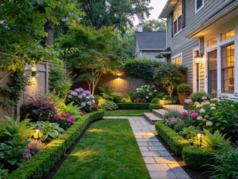 Lush courtyard garden design with layered planting