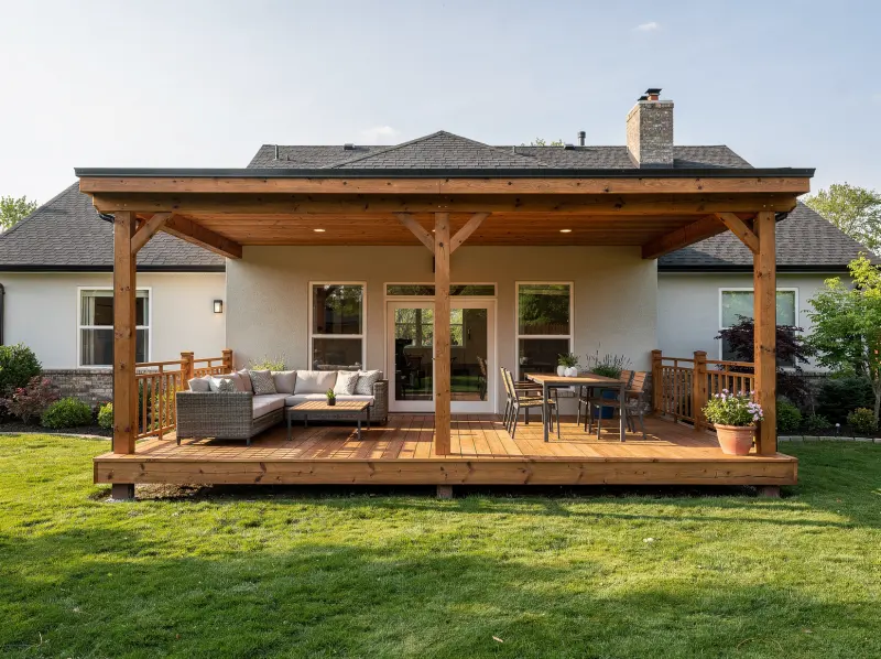 Covered deck design with a roof and open deck surface