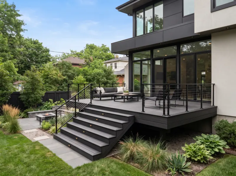 Modern AI deck design with dark railings