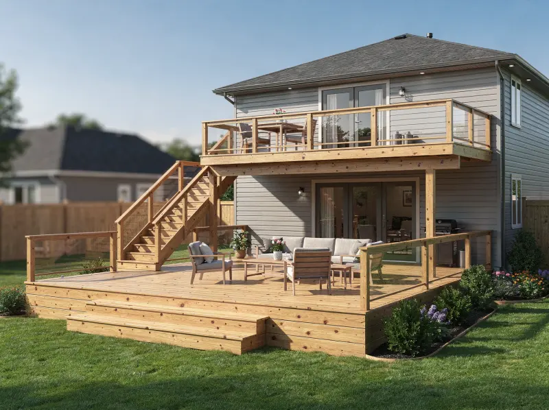 Multi-level deck layout with dining and lounging zones