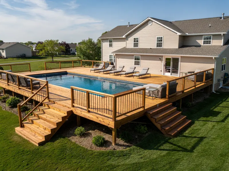 Pool deck design with loungers and shade
