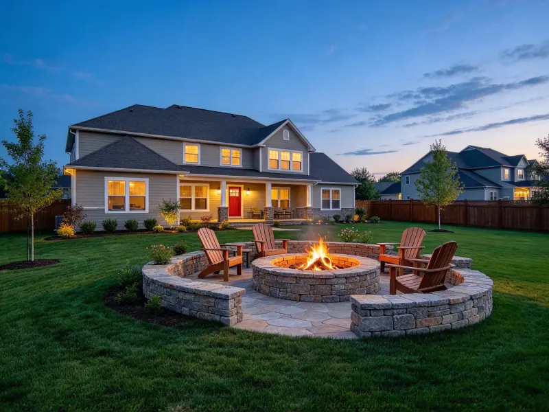Backyard fire pit design with seating area