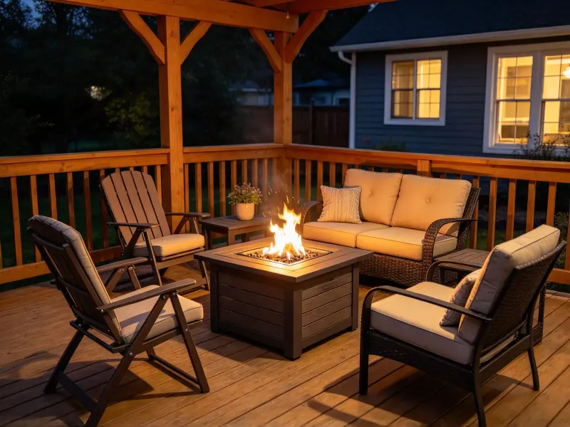 Deck fire pit design with outdoor furniture