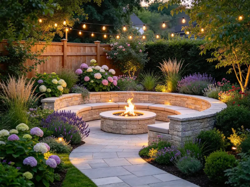 Garden fire pit design with layered planting