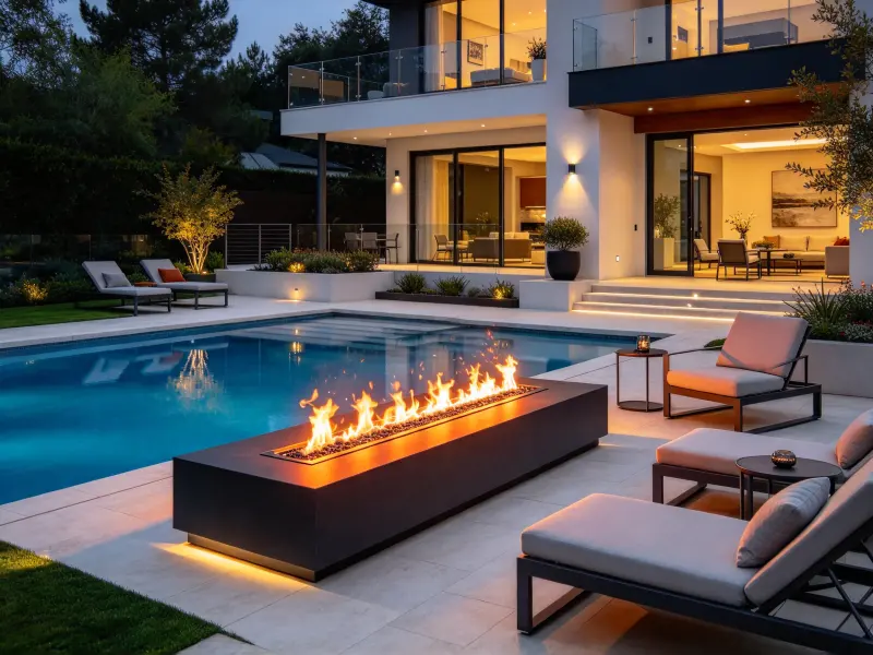 Poolside fire pit design with low-profile seating