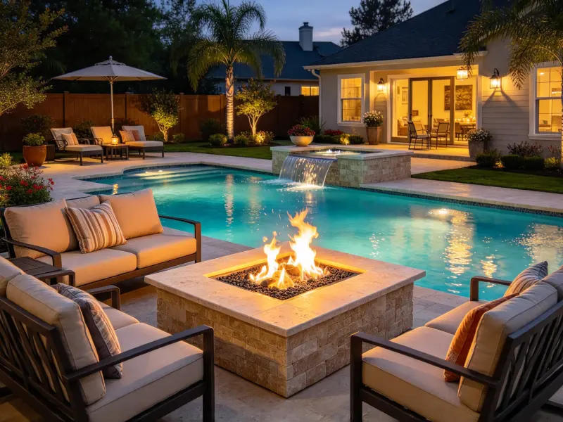 Poolside fire pit design idea