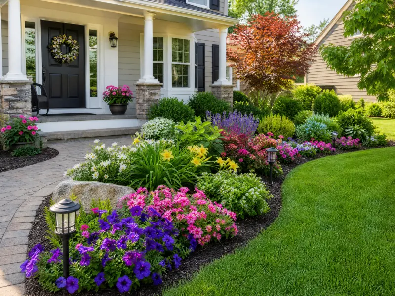 Front yard garden with seasonal color and textured foliage