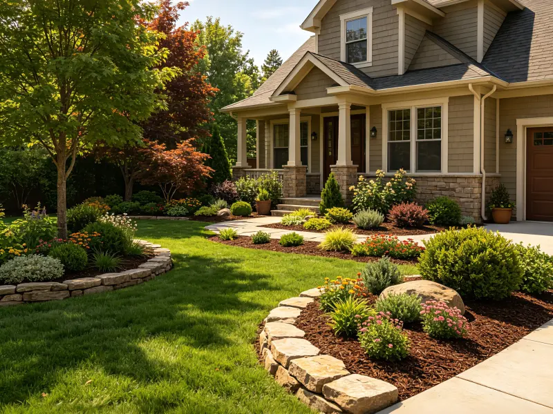Front yard landscaping with trees, shrubs, flower beds, and hardscape