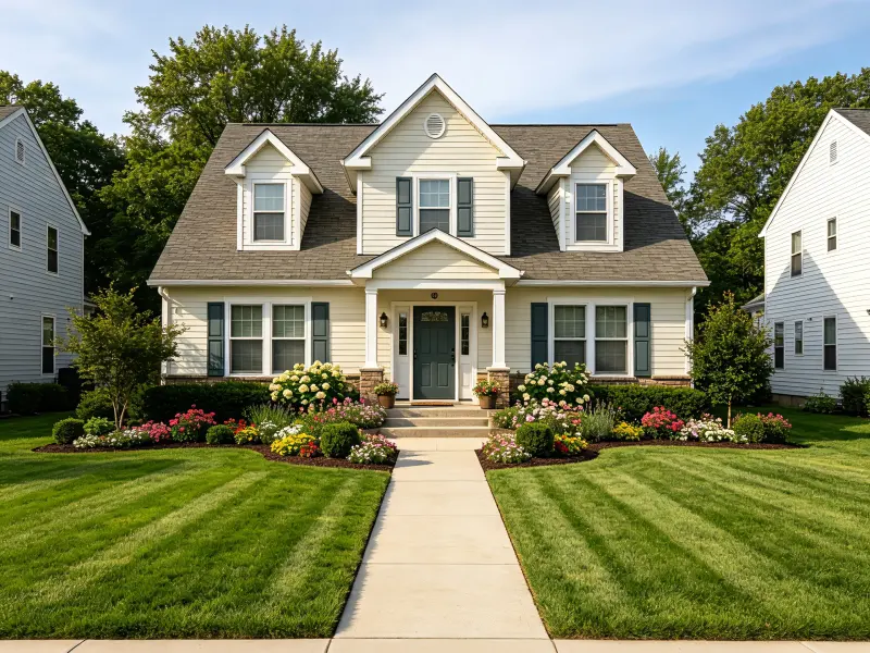 Front yard layout with a welcoming walkway, lawn, and planting beds