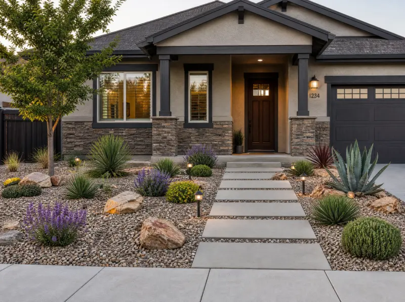 Grass-free front yard with gravel, pavers, and drought-aware planting