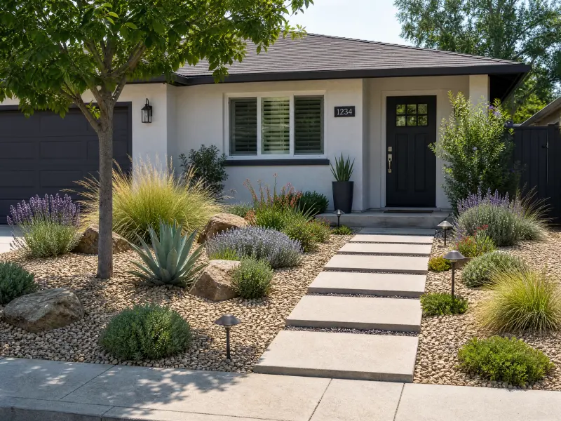 Low-maintenance front yard with durable shrubs, mulch, and gravel