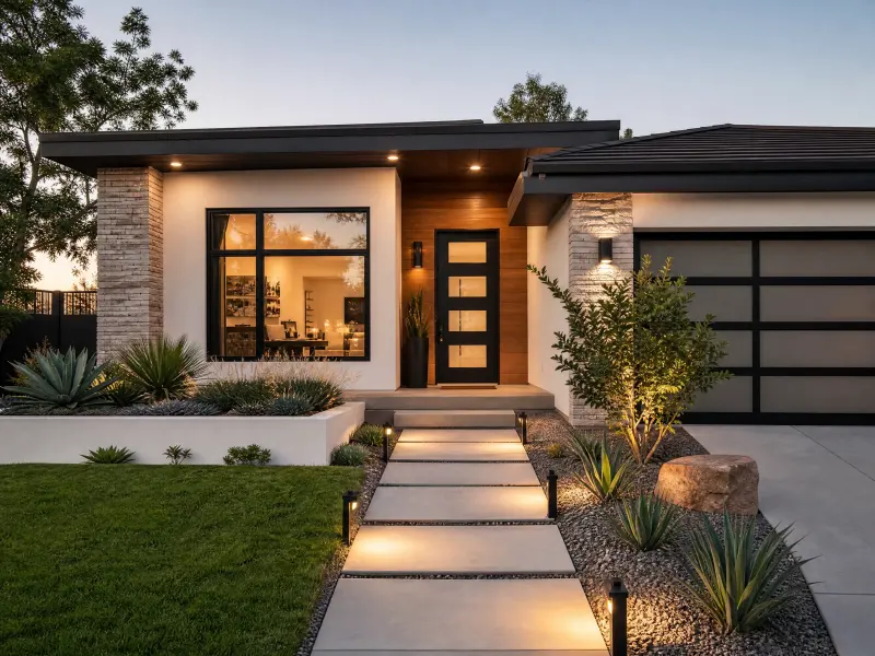 Modern front yard with clean paving lines and sculptural planting
