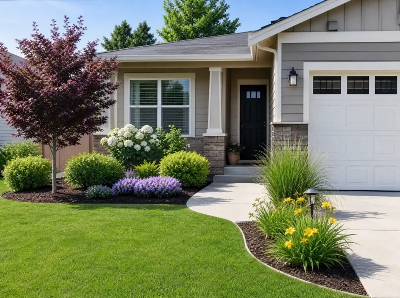 Simple front yard landscaping with clear edges and walkway lighting