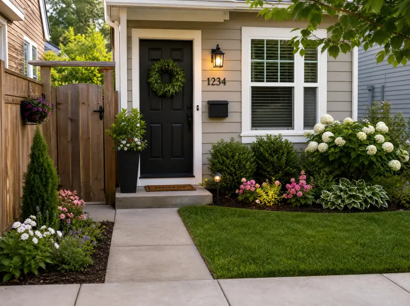 Small front yard with layered planting and a slim path