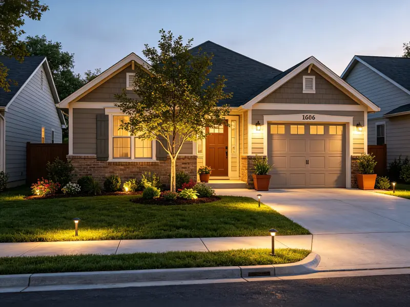 Street-facing front yard details with lighting, planters, and a focal tree