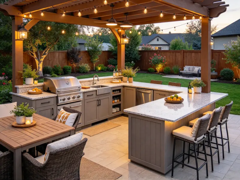 Outdoor kitchen with gathering and bar seating space