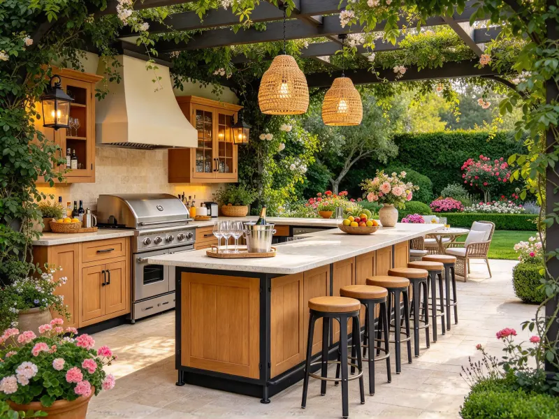 Outdoor kitchen with bar seating design idea