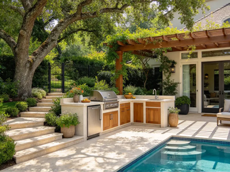 Outdoor kitchen planned around patio access