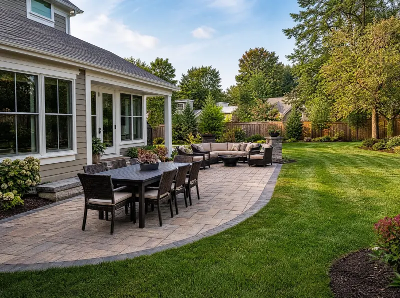 Backyard patio with dining area, paved surface, and planting
