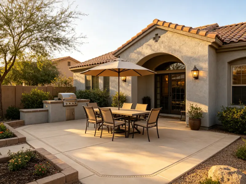 Outdoor patio connecting the backyard lawn and garden