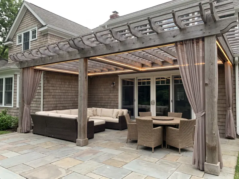 Covered patio design with shade structure, lighting, and seating