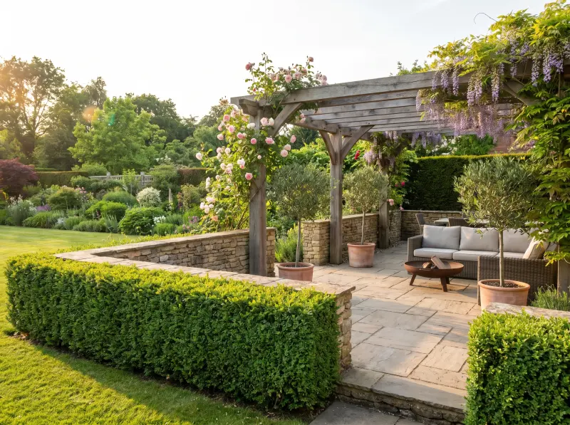Garden patio with stone paving, containers, and planting borders