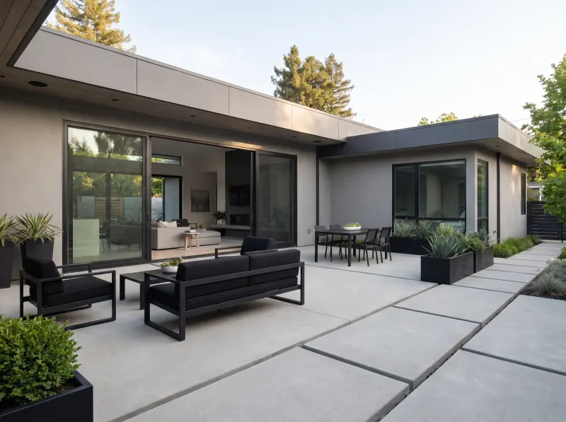 Modern AI patio design with clean-lined pavers and structured planting