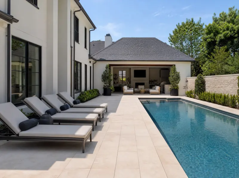 Poolside patio with paving, sun loungers, and shade