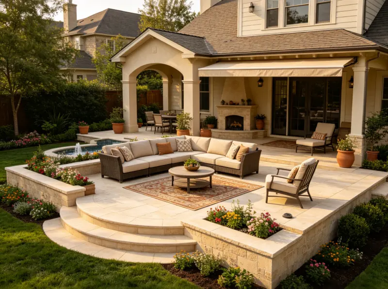 Patio entertaining area with outdoor kitchen and fire pit seating