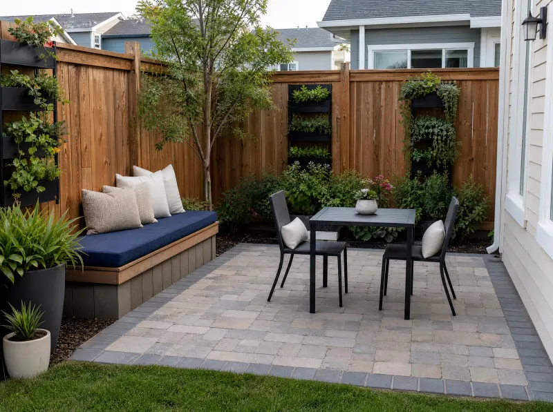 Small patio layout with slim dining furniture and vertical planting