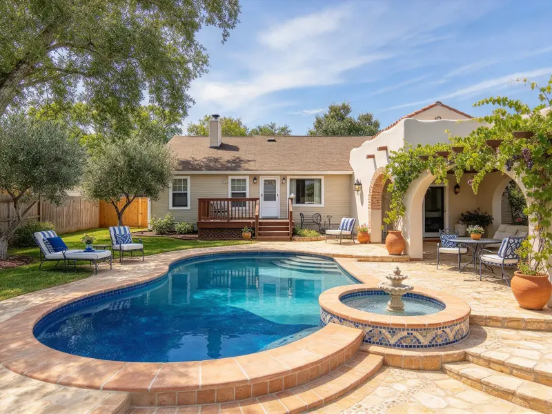 Mediterranean swimming pool with warm stone paving and terracotta accents