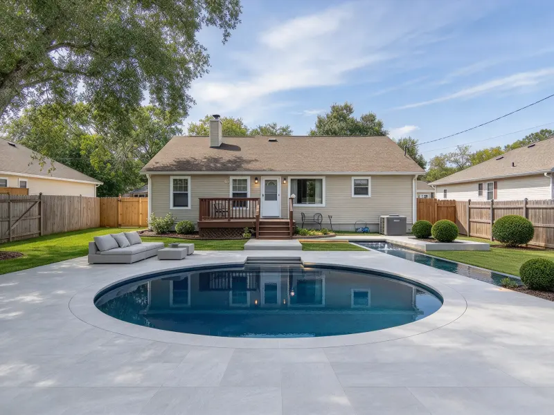 Minimalist backyard pool with simple geometric lines and neutral paving