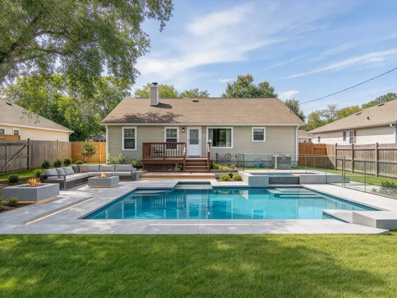 Modern backyard pool design with clean lines and geometric paving