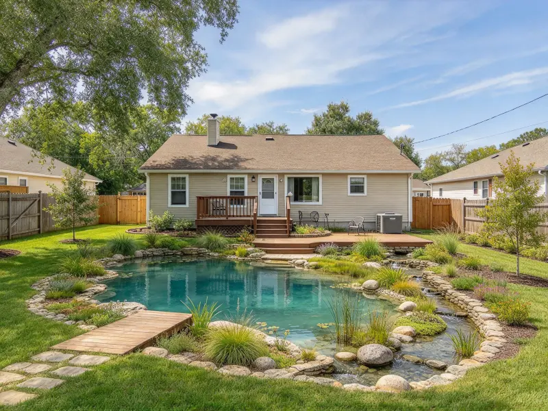 Natural swimming pool design with irregular stone edges and lush planting