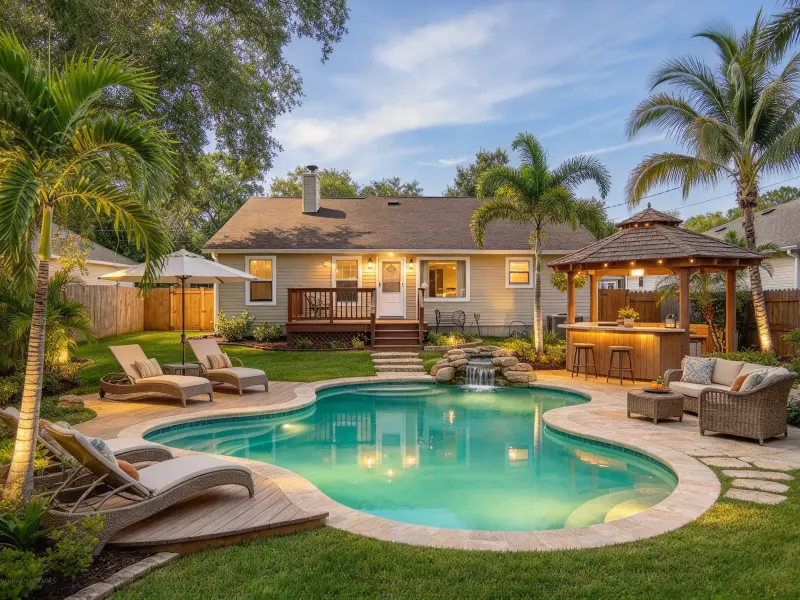 Resort-style swimming pool with stone paving, lounge chairs, and umbrellas