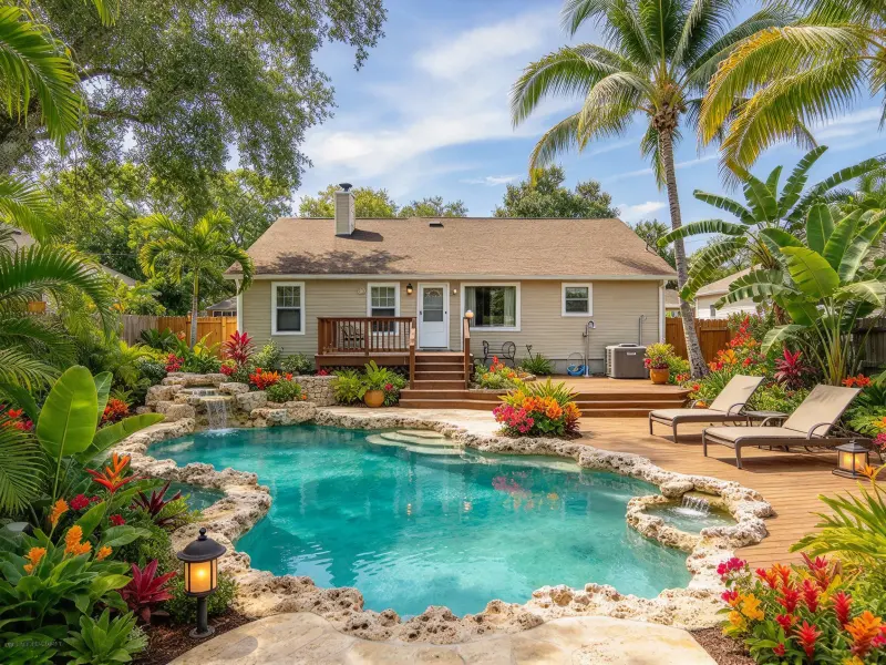 Tropical pool design surrounded by palm trees and lush greenery