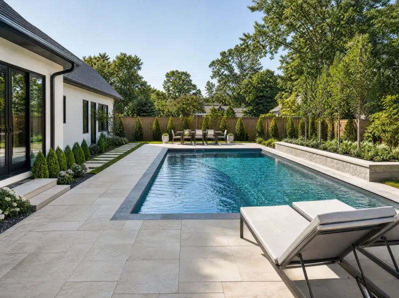 Backyard pool design with open deck and house access