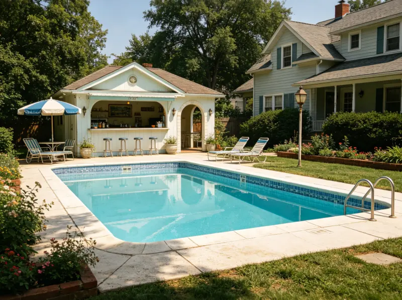 AI pool design showing pool placement beside a house and garden