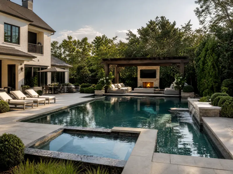 Luxury pool design with spa, lounge zone and lighting
