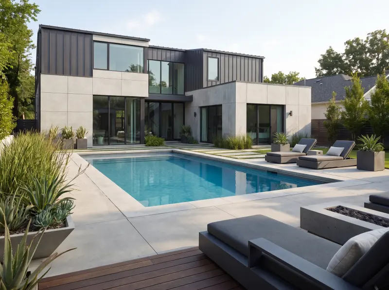Modern pool design with geometric pool and architectural planting