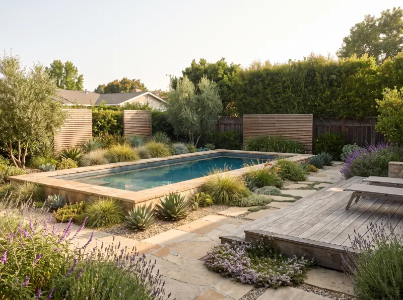 Pool landscaping with privacy planting and natural borders