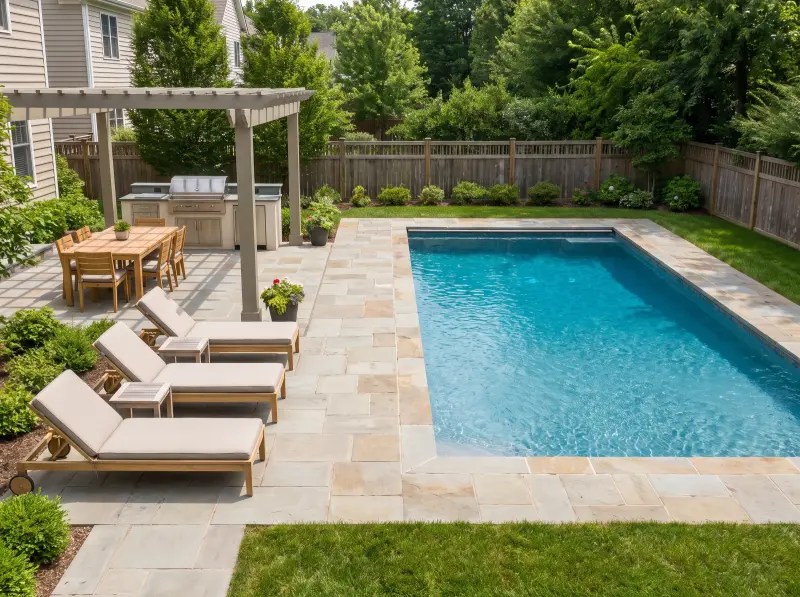 Pool and patio design with dining, grilling and sunbathing zones