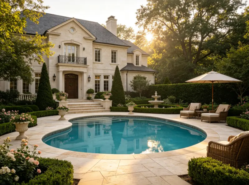 Pool landscaping ideas with planting, shade and evening lighting
