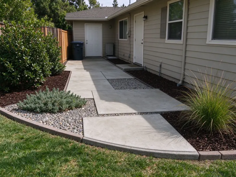 Low-maintenance side yard with gravel and durable surfaces