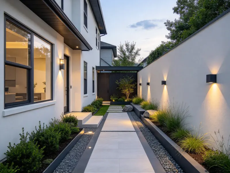 Modern side yard design with clean paving and restrained planting